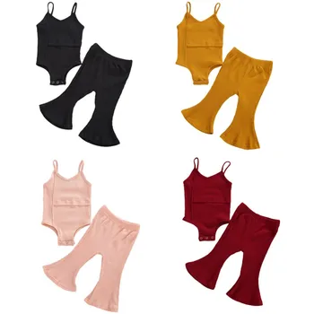 

Toddler Baby Girl 2 Pcs Outfits Spaghetti Straps Romper Top + Long Flared Pants Newborn Baby Girls Ribbed Knitted Clothes Sets