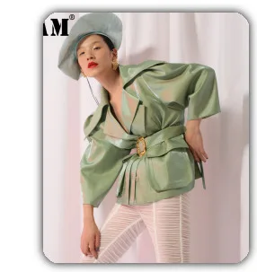 [EAM] 2020 New Spring Autumn V-Neck Long Sleeve Waist Bandage Loose Big Size Temperament Dress Women Fashion Tide JU356