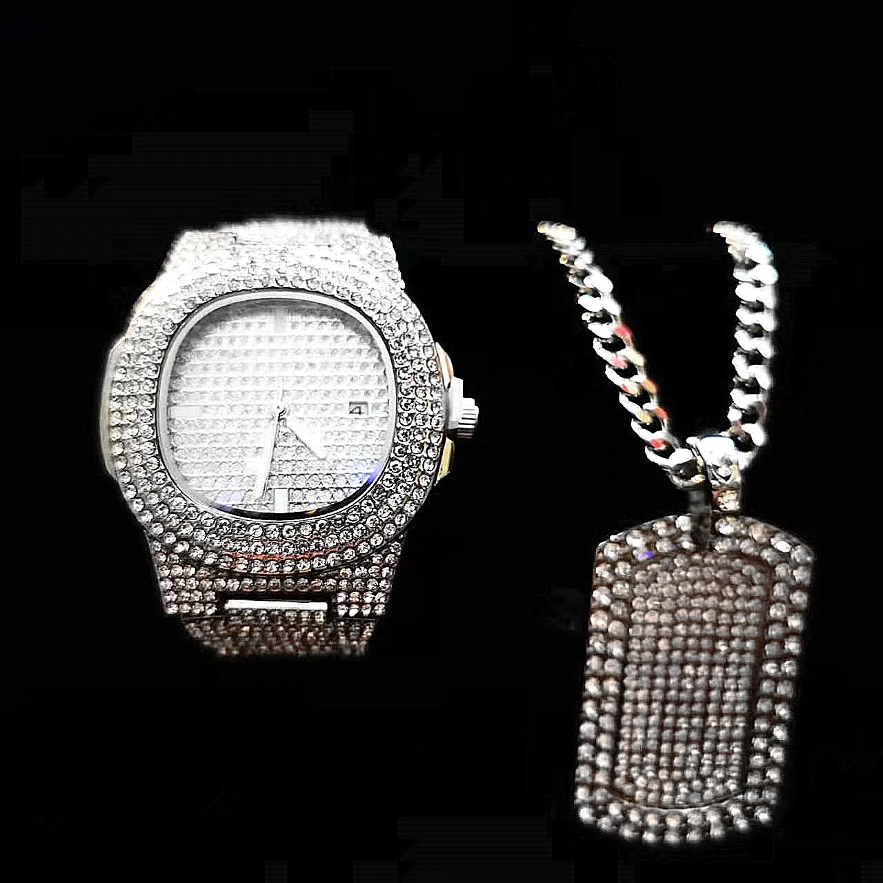 Watch Necklace for Men 2pcs/set Luxury Iced Out Watch Men Bling Fashion Chains Pendant Jewelry Gold Watch Relojes Groomsmen Gift