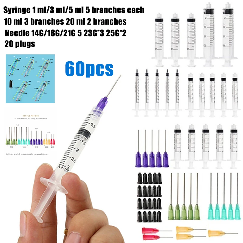 

60Pcs/set 1/3/5/10/20ml Syringe Plastic Measuring Syringes Needle With Blunt Tip Needles & Caps For Oil Glue Applicator