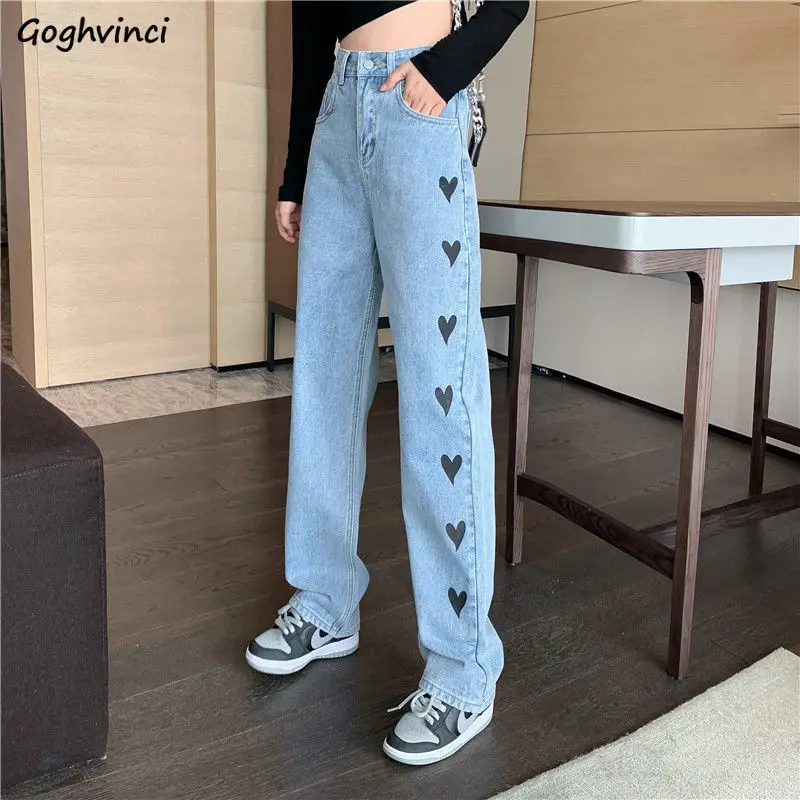 Jeans Women Heart pattern Print Mopping 