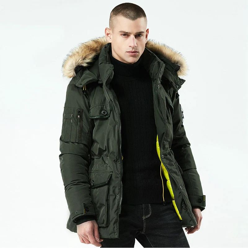 Длинная мужская зимняя куртка с меховым капюшоном, теплое мужское зимнее пальто, Повседневная парка с несколькими карманами, уличная длинная однотонная мужская верхняя одежда