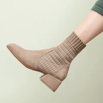 

Womens Boots knitting Female Ankle Boots Autumn Winter Fashion Shoes Woman Round Toe Retro High Quality Ladies Shoes