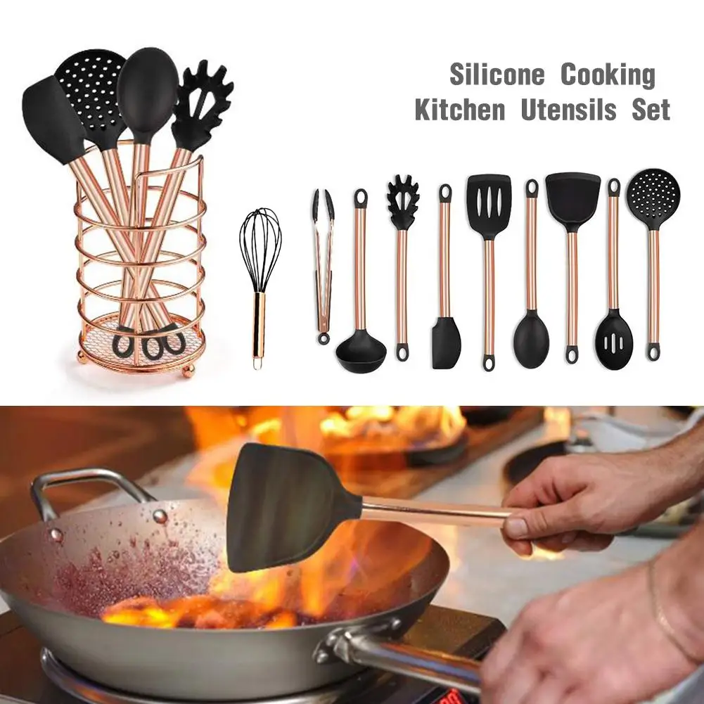 Dropship 11Pcs Silicone Cooking Utensil Set Heat Resist Wooden Handle Silicone  Spatula Turner Ladle Spaghetti Server Tongs to Sell Online at a Lower Price