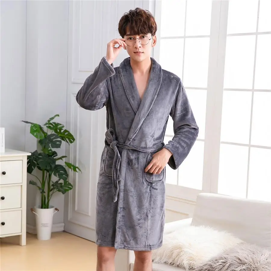 Зимний серый мужской фланелевый мягкий Халат-кимоно, удобная теплая Домашняя одежда, одежда для сна, изысканный пояс, полный халат, халат, пижама - Цвет: Gray