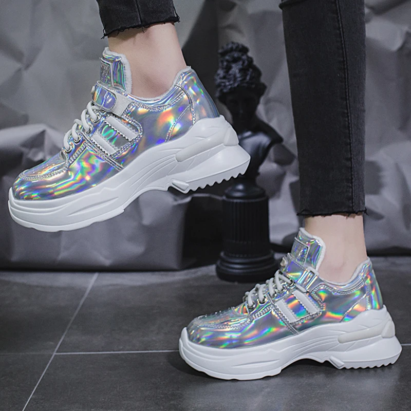 Блестящие дизайнерские женские Сникеры на платформе Повседневная обувь