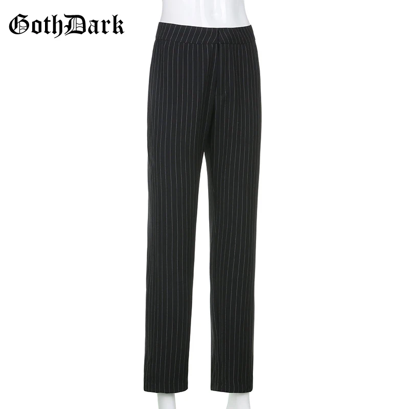 Goth Dark Y2k E-girl Striped Print Gothic Suit Pants Black Slim High Waist Zipper Front Trousers Women Autumn Fashion Streetwear womens clothing