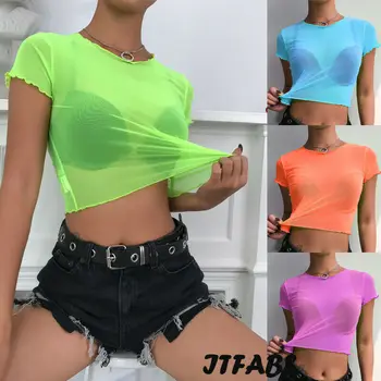 

2020 Newest Hot Sexy Solid Transparent Mesh Sexy T-Shirt Women O-Neck Short Sleeve Slim Basic Casual Female Cropped Tops