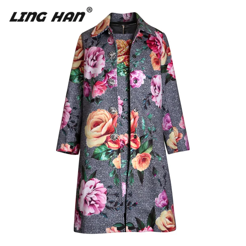 

LINGHAN Elegant Print Sets Fashion crystal Button Long sleeve coat Overcoat + diamond tank Dress Set Designer Autumn Winter New