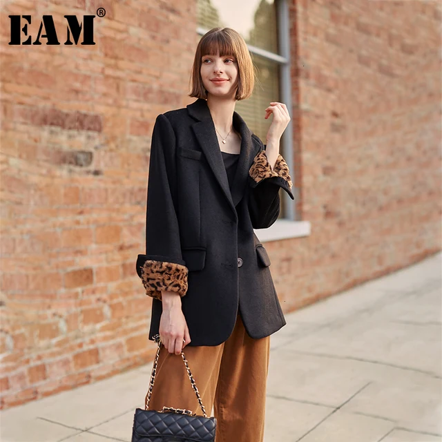 [EAM] Loose Fit Cuff Leopard Print Temperament Woolen Coat Parkas New Long Sleeve Women Fashion Tide Autumn Winter 1H826