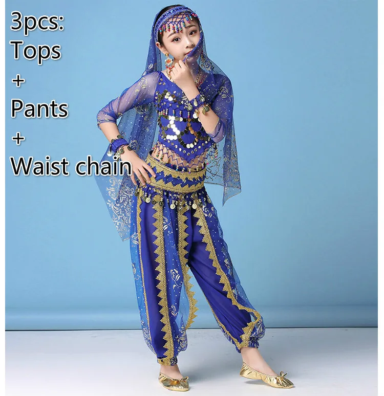 3pcs dark blue Костюм для танца живота, комплекты для девочек, детское платье для индийского танца, детская танцевальная одежда Для Болливуда, одежда для восточных танцев - Цвет: 3pcs dark blue