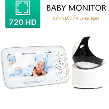 비디오 베이비 모니터 5 인치 디스플레이 양방향 오디오 토크 720P 베이비 카메라, 음악 멜로디 야간 보안 유아 모니터링 카메라