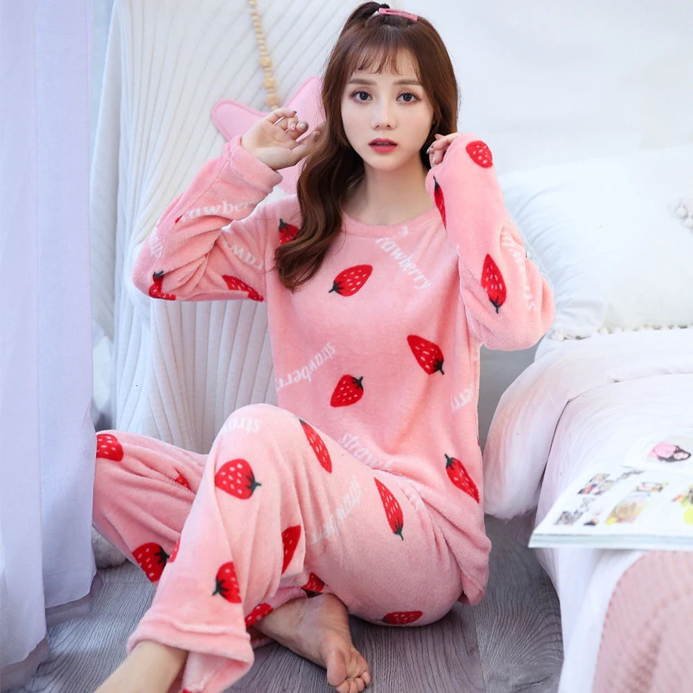 pajamas Зимние теплые пижамы для женщин с длинным рукавом, толстые коралловые бархатные пижамные комплекты, цветочные фланелевые бархатные пижамы Feminino Pijama Mujer - Цвет: pajamas