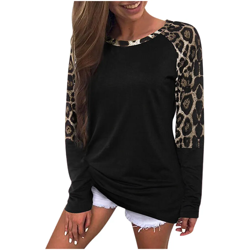 Trendy New Leopard Blouse Shirt Women Fashion Leopard Pattern Splice Color Long Sleeve O-Neck Top Blouse roupa feminina@45