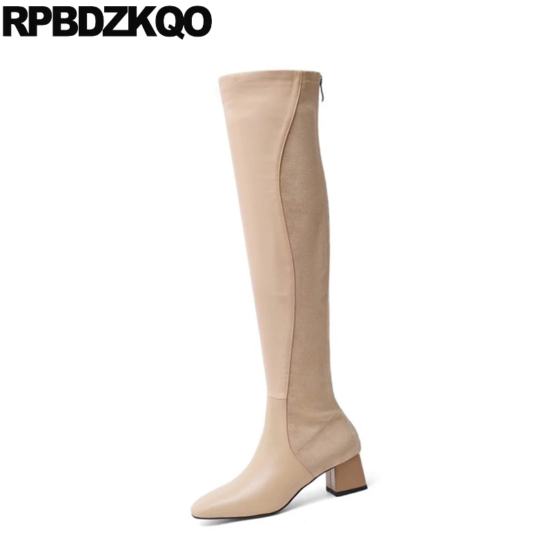 Сапоги стрейч выше колена с квадратным носком толстые Дизайнерские Женская