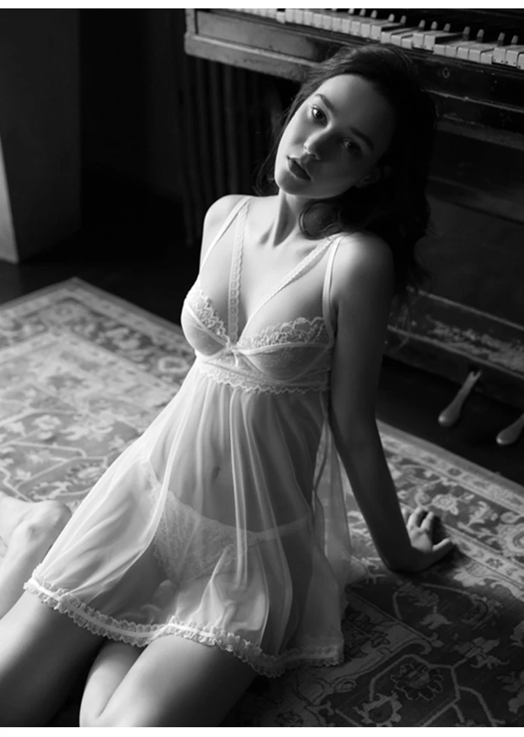 CINOON Sexy Backless Lace Women's Nighgowns V-neck Lace Translucent Tulle Sleepwear With Panty Summer Cut-out Strap Nightdress (13)