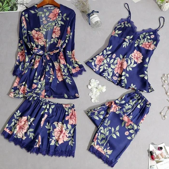

Women Sexy Summer Silk Lingerie Pijiama Satin Autumn Spaghetti Strap Pajamas Gown Korean Five Piece Pajama Sets Sleepwear