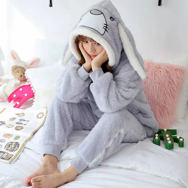 Cute Pajamas Set 2 Pieces Women Sleepwear Warm Winter Thick Coral Fleece Hooded Cartoon Girl Homewear Animal Pajamas