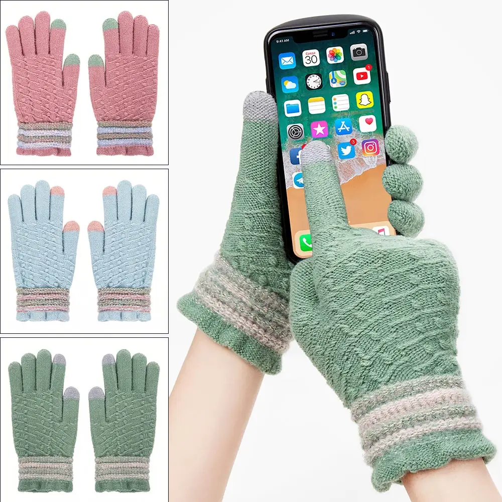 

New Women Gloves Winter Knitted Gloves Touch Screen Mittens Ruffled Cute Keep Warm Female Winter Full Finger Stripe Gloves