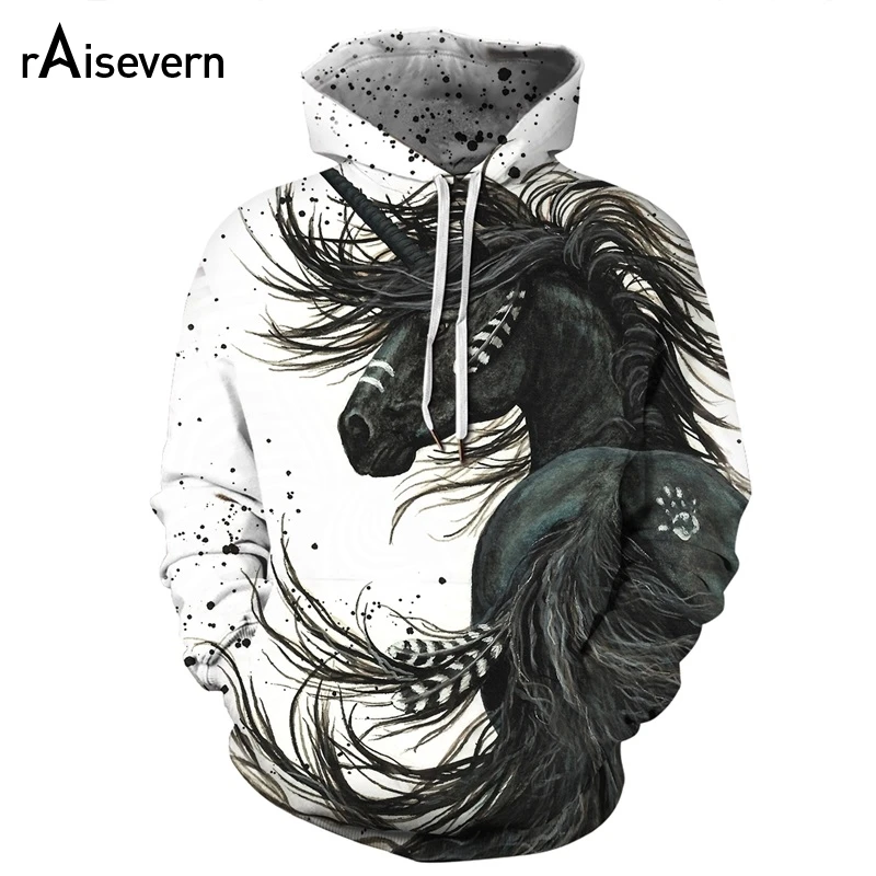 Raisevern Новая мода 3D толстовки с капюшоном и аппликацией в виде животного лошади HD