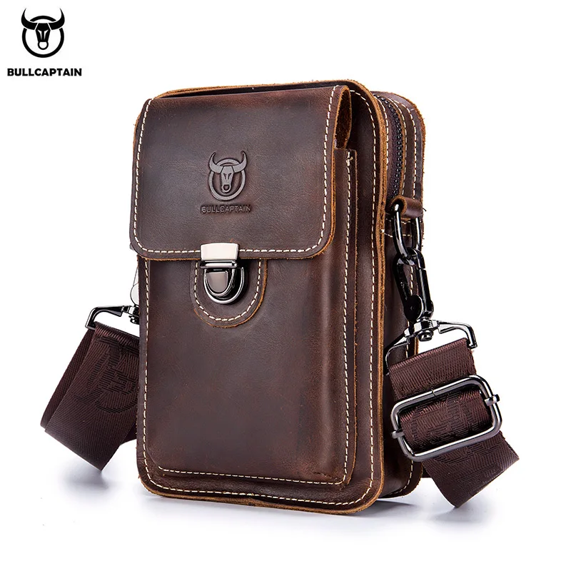 

BULLCAPTAIN100% Crazy horse leather Male Waist Pack Phone Pouch Bags Waist Bag Men's Small chest Shoulder Belt Bag back pack075