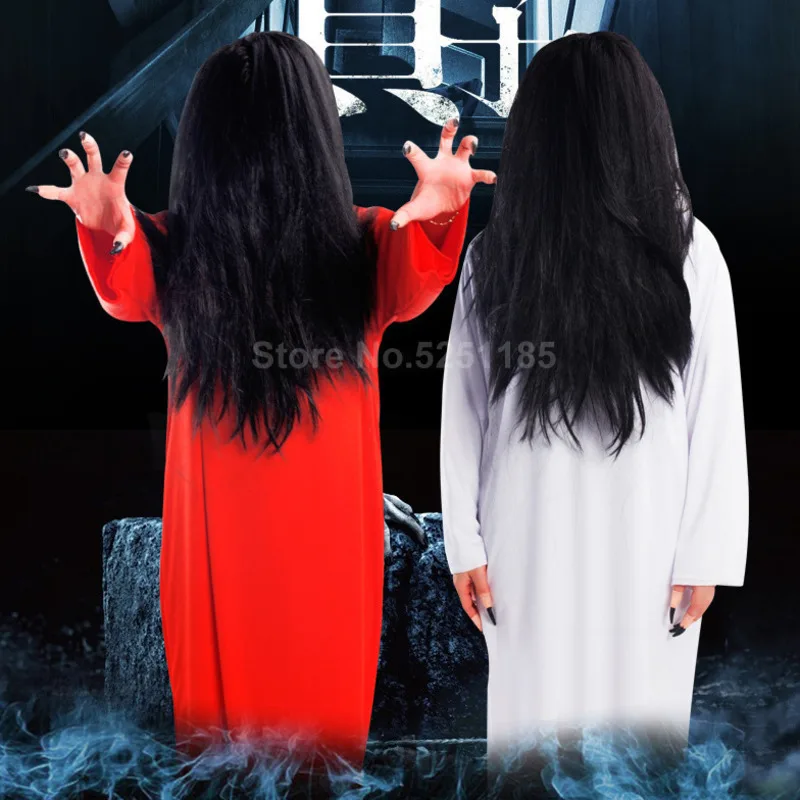 

Halloween Women Man Party Ghost Sadako Vampire Robes Horror Scary Cosplay Costume Terrify Gown Wig Nail Stage Performance Outfit