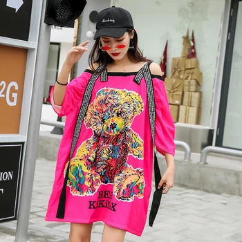 

Mid-length strapless t-shirt female design sense niche loose net red short-sleeved tide summer shoulder T-shirt women tshirt
