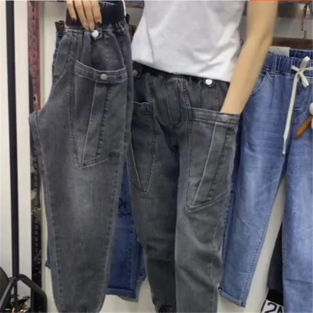 Pantalones bombachos de cintura alta para mujer, pantalón informal con  bolsillos grandes, a la moda urbana, color negro, Otoño, 2019 - AliExpress
