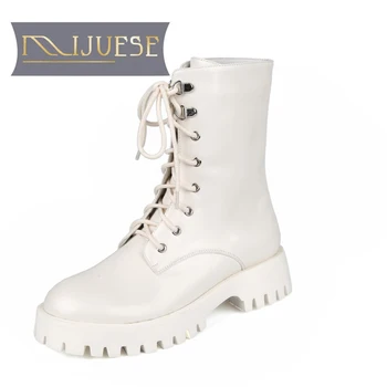 

MLJUESE 2021 women ankle boots soft winter short plush lace up round toe high heels equestrian boots party dress