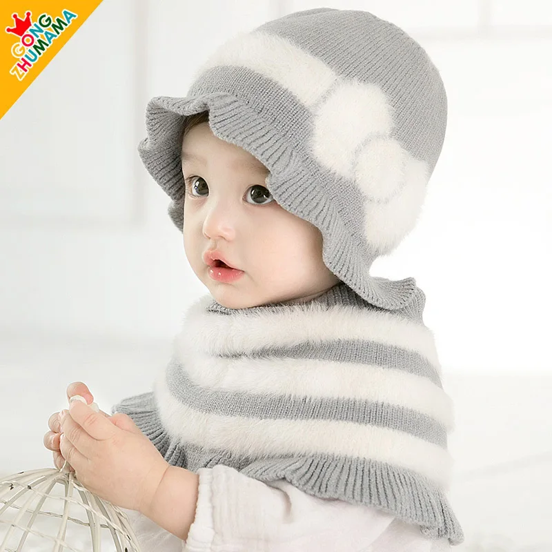 Милая зимняя вязаная шапка для маленьких девочек и мальчиков, вязаная шапка+ шарф - Цвет: Серый