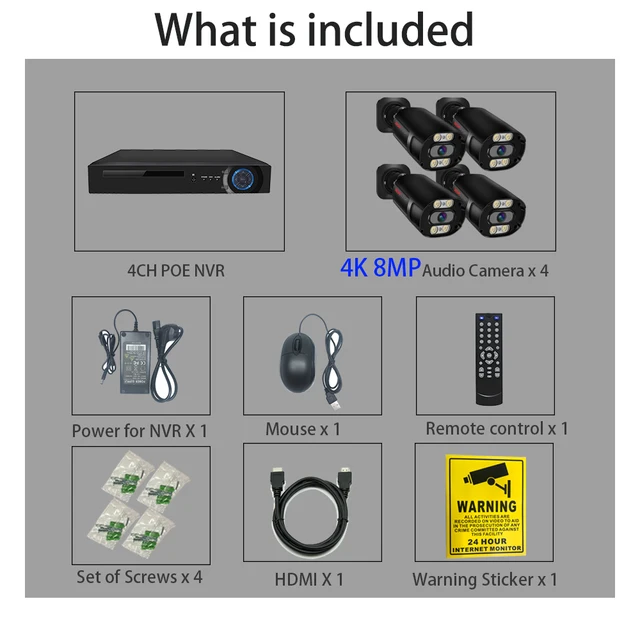 SIMICAM 4K POE Security Camera System 8MP H.265 IP Audio Human detection Color Full Night Vision IP67 Weatherproof Metal NVR Kit 4CH 4pcs4K Camera