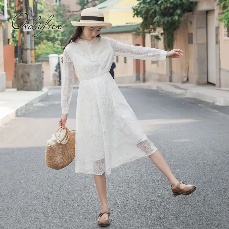Ordifree Summer Women White Lace Party Dress Vintage Long Sleeve Tunic Beach Dress