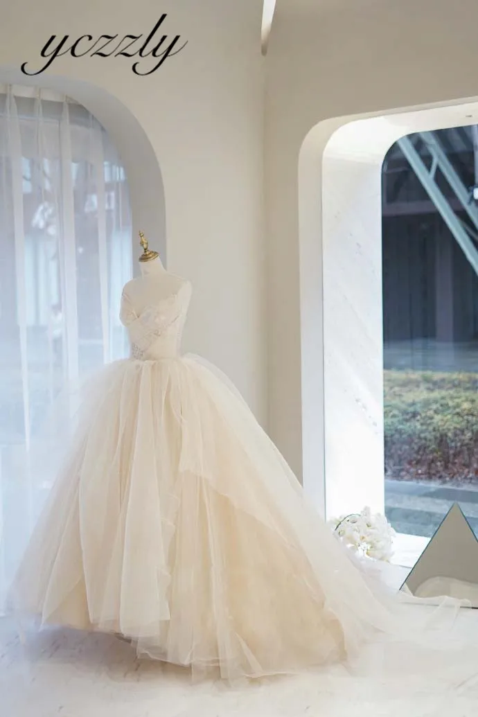 Robe De Mariee элегантное милое бальное платье принцессы Свадебные платья длинные кружевные плиссированные платья невесты цвета шампанского W202