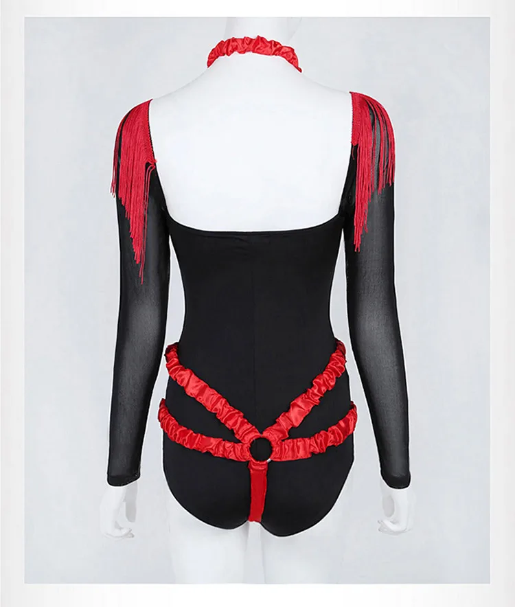 Vintage Embroidery Red Tassels Black Bodysuit Leading Dancer DJ Jazz Dance Costume Bar Nightclub Sexy Performance Stage Wear