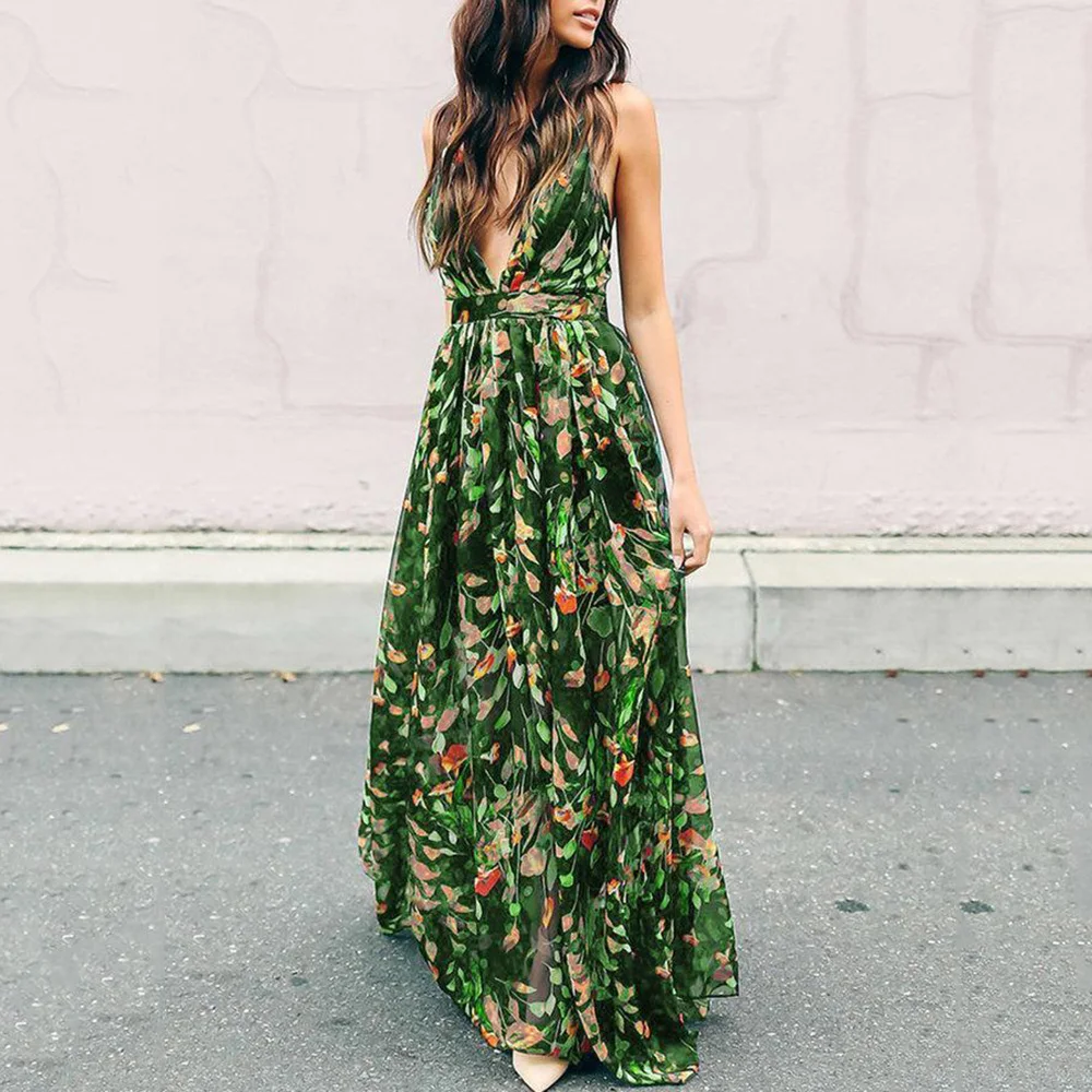 

Women Maxi Dress Summer Sexy Long Dresses 2019 V-Neck Sundress Trips Strap Floral Print Backless Fashion Beach Dress To Floor
