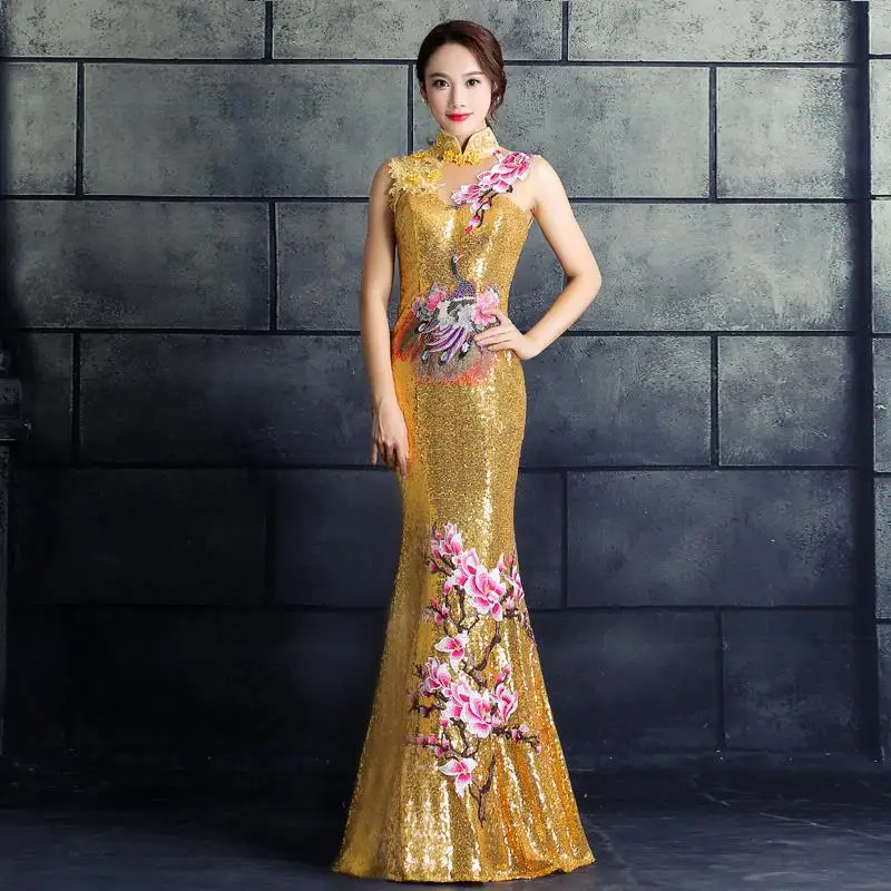 Платье невесты Cheongsam восточные женские свадебные вечерние с коротким рукавом Qipao Китайский стиль элегантный длинный халат одежда Vestido S-XXXL - Цвет: Золотой