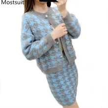 Зимний костюм из 2 частей с юбкой из искусственного норка, Хаундстут, Женский однобортный Кардиган+ мини-юбка, костюмы, Модный корейский комплект из 2 предметов