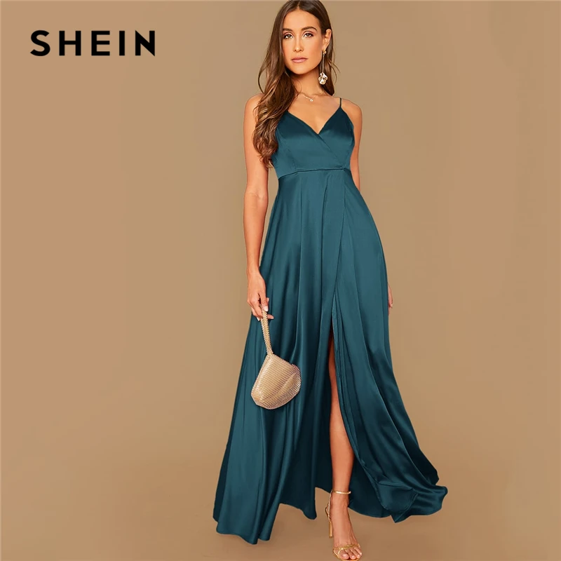 SHEIN модное однотонное атласное платье на тонких бретельках с запахом, женские осенние пикантные вечерние платья макси без рукавов с высокой талией на бретельках