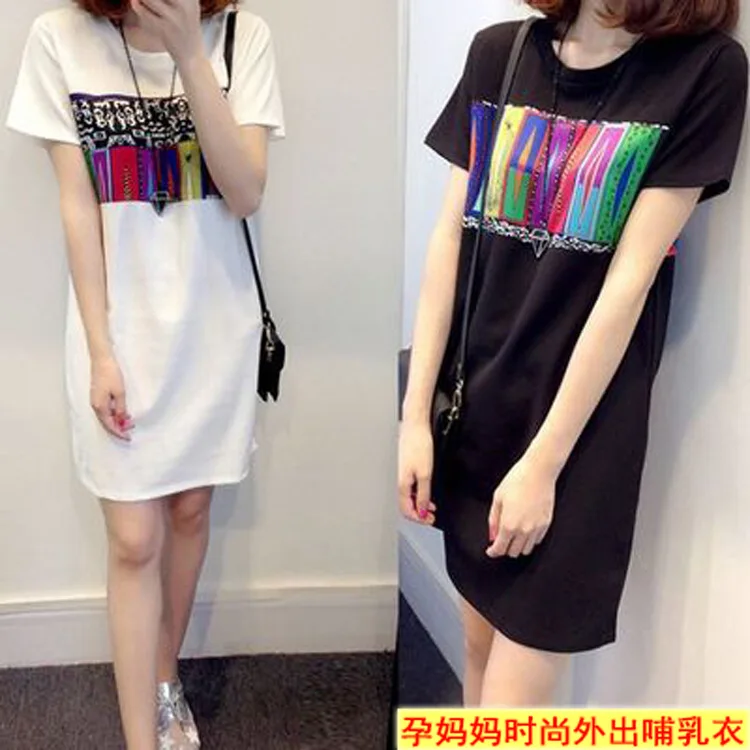 

2018 Summer Nursing Clothes Fashion Joint Nursing T-shirt Postpartum Printed Nursing Dress
