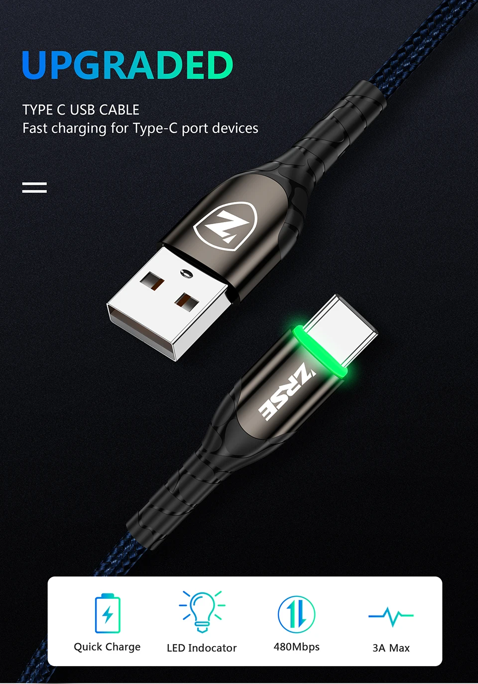 ZRSE 3M 2M 1M type C кабель для samsung A50 S10 S9 S8 S7 светодиодный USB C кабель для синхронизации данных Быстрая зарядка для Xiaomi Mi9 Redmi Note 7 K20