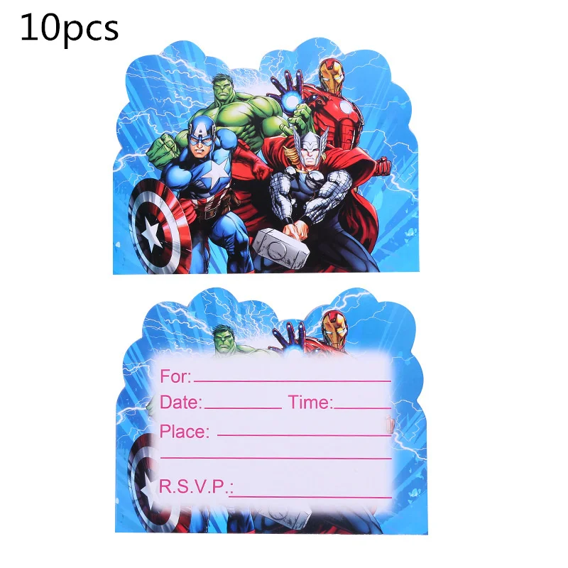 invitation card 10pc Супергерой Мстители День Рождения украшения детский душ одноразовая посуда чашки скатерть тарелка события вечерние принадлежности - Color: invitation card 10pc