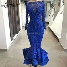 Платье с юбкой годе Королевского синего цвета вечернее платье с бисером длиной до щиколотки вечерние платья Robe De Soiree с длинными рукавами на заказ шикарные платья для вечеринки