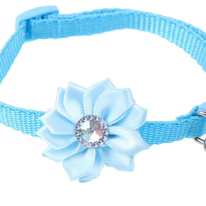 Adjustable Pet Collar Flower Bell Crystal Dog Cat Collar Easy Wear Buckle Lovely Pets Decor Accessories Dogs Cats Necklace