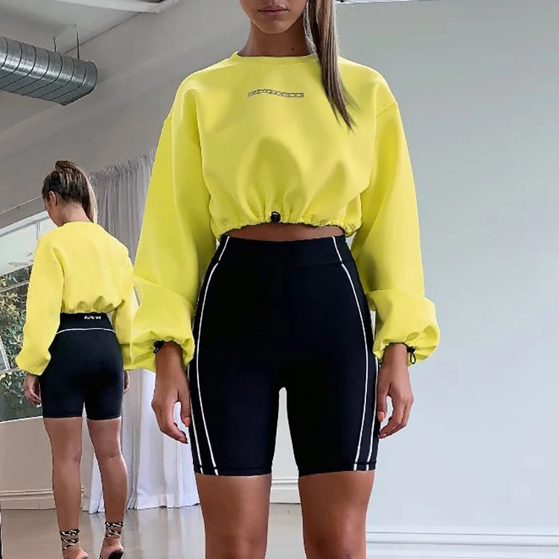 WannaThis Black Hoodie Letter Print Drawstring Waist Lantern Sleeve Loose Crop Top Long Sleeve Fashion Autumn Women Sweatshirts