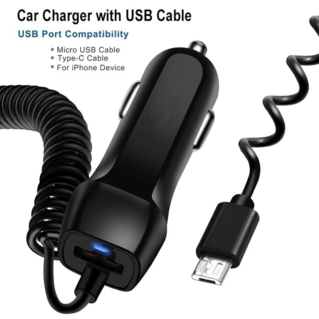 USB Car Charger With Spring USB Cable Cigarette Lighter Cable Micor USB Car Charger Type C Cable Black and White dual usb car charger