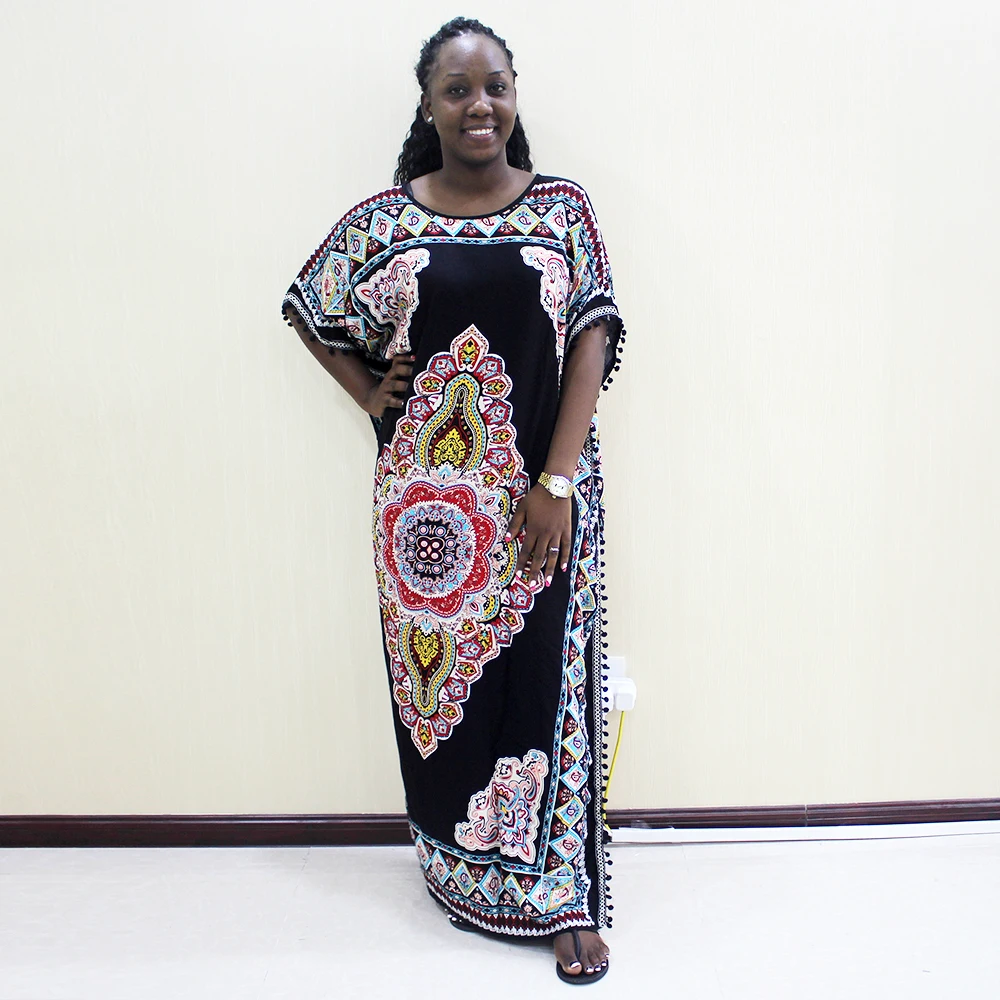 Повседневные женские платья Dashikiage из 100% хлопка с черными помпонами традиционным