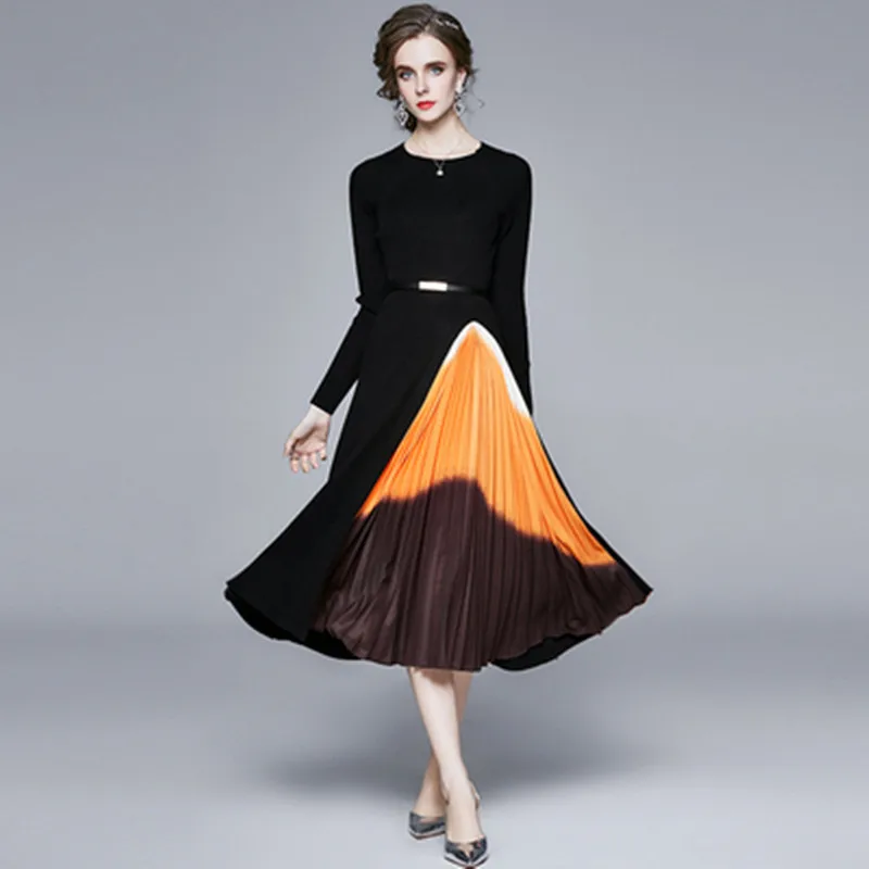 

Autumn Winter Knit Patchwork Long Dress Women Casual O-Neck Slim Bodycon Robe Sweater Dresses Office Lady Thick Dress
