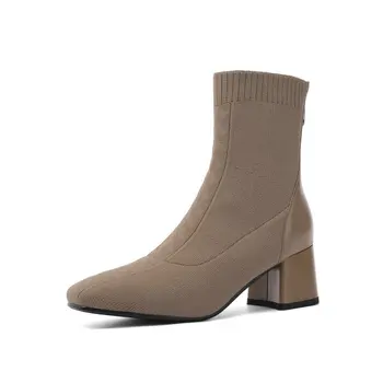 

Winter Party Casual Winter Boots Ladies Ankle Boots For Women Genuine Leather knitting Popular High Heels Shoes Woman