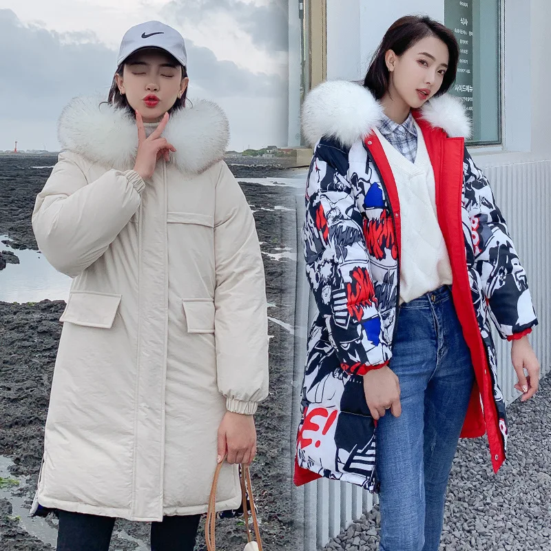 

2019 Winter New Style Korean-style down Feather Cotton-padded Clothes Two Sides Wears Thick Large Fur Collar Hooded Coat Cotton-