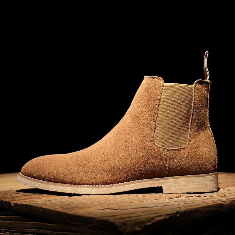 

Winter Vintage Genuine Leather Men Shoes Ankle Pointed Toe Solid Wood Sole Boots Sewing Outdoor Wedding Chelsea Boots
